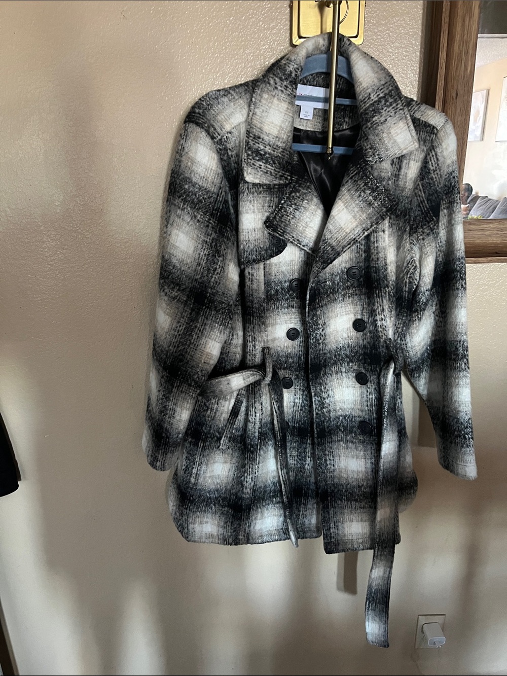 Liz Claiborne Black & White Plaid Double-Breasted Pea Coat